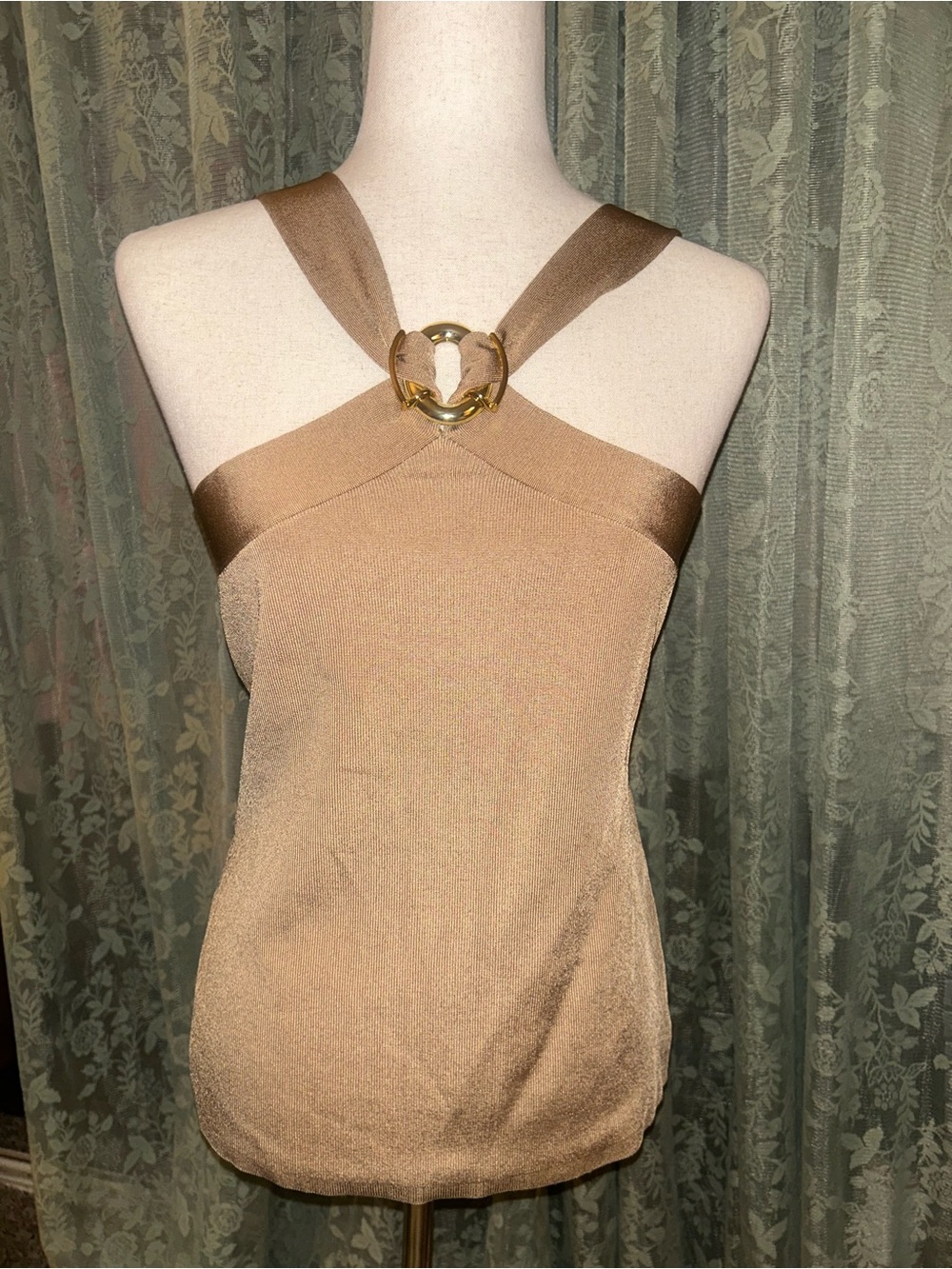 Y2K Cache Golden Brown Halter Top with Gold Ring Detail